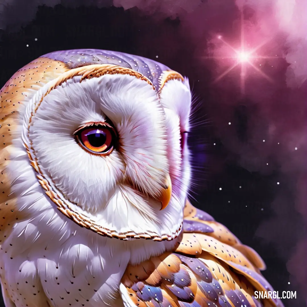 Painting of an owl with a purple background and stars in the sky behind it
