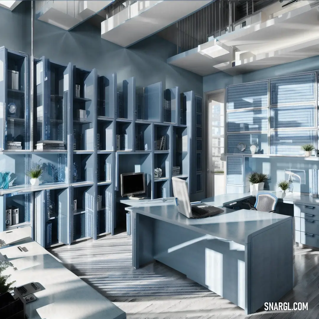 #CCCCFF color example: Room with a desk and a book shelf in it and a window with a view of the city