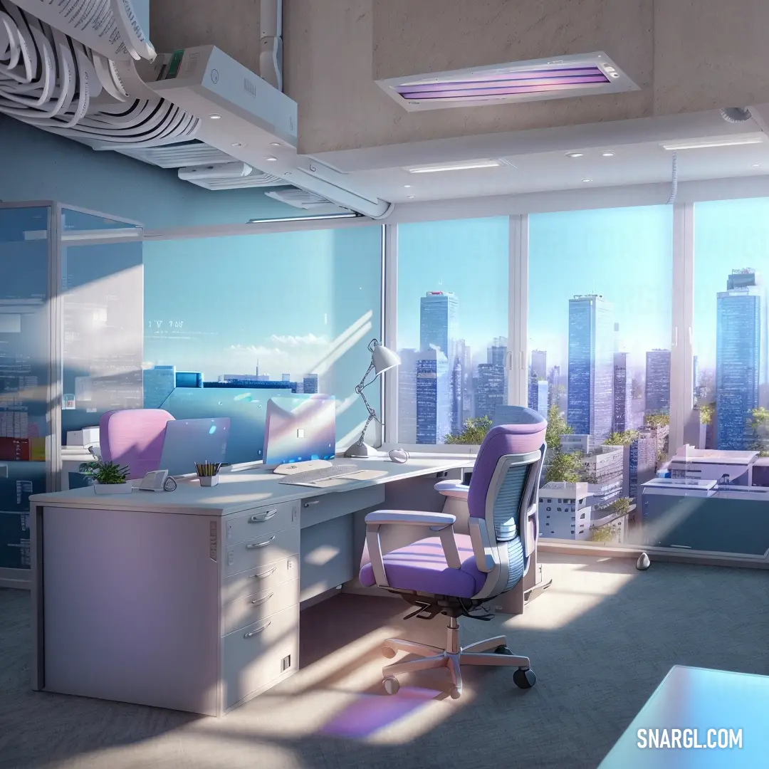 Room with a desk and a chair in it with a view of the city outside the window