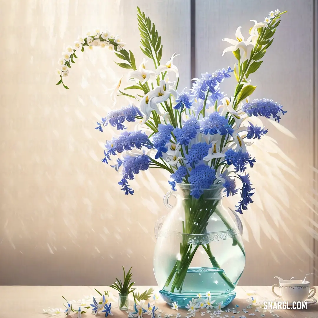Vase filled with blue flowers next to a cup of coffee on a table with petals scattered around it. Color #CCCCFF.