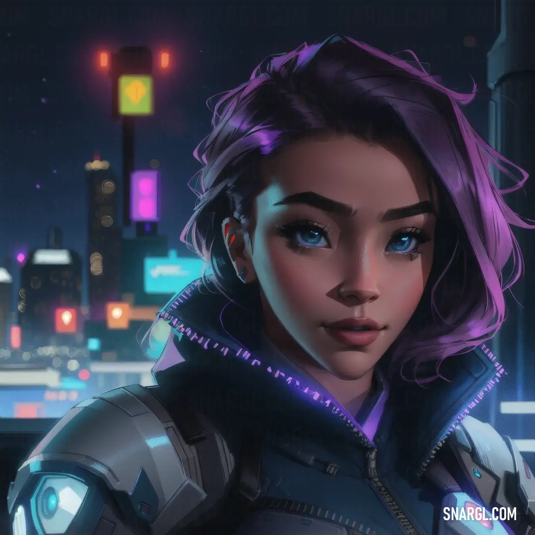 Woman with purple hair and a futuristic suit in a city at night with neon lights and a neon - colored background