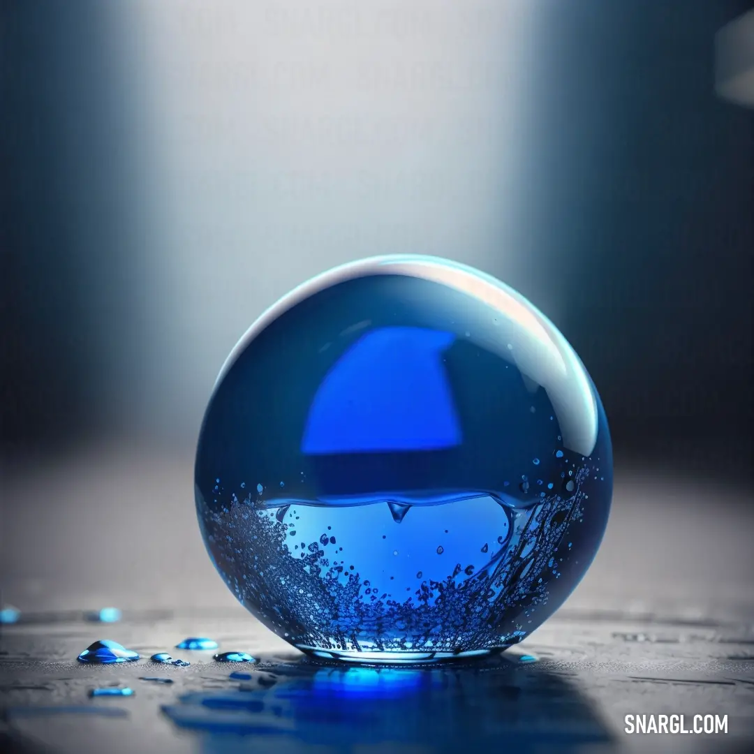 Blue ball of liquid on a table with a blue background and a light shining on it