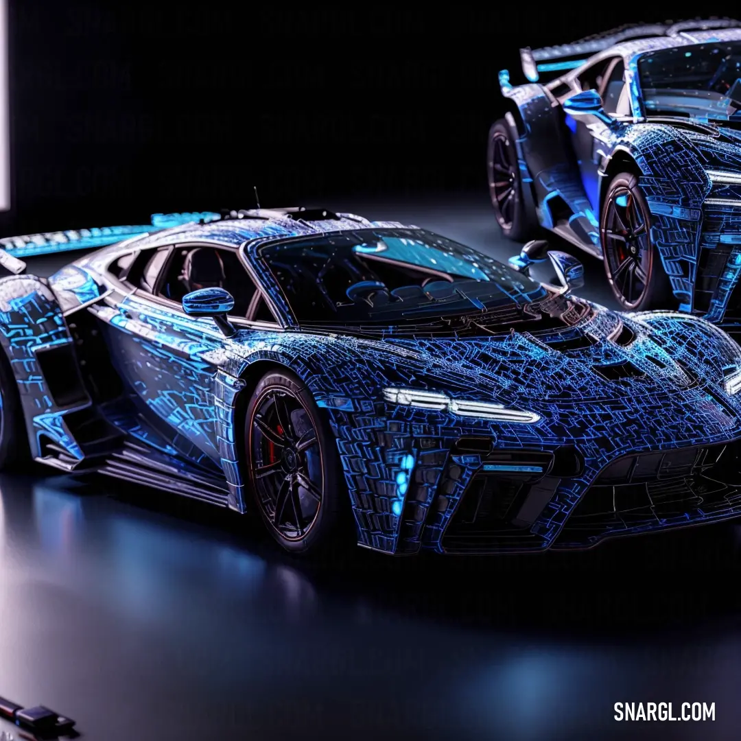 Blue car is shown in a dark room with a black background and a white light behind it