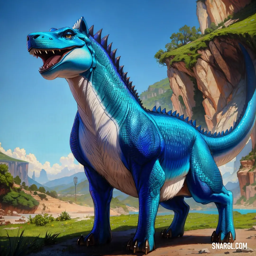 Blue dinosaur standing in a field next to a mountain range with a blue sky and clouds in the background