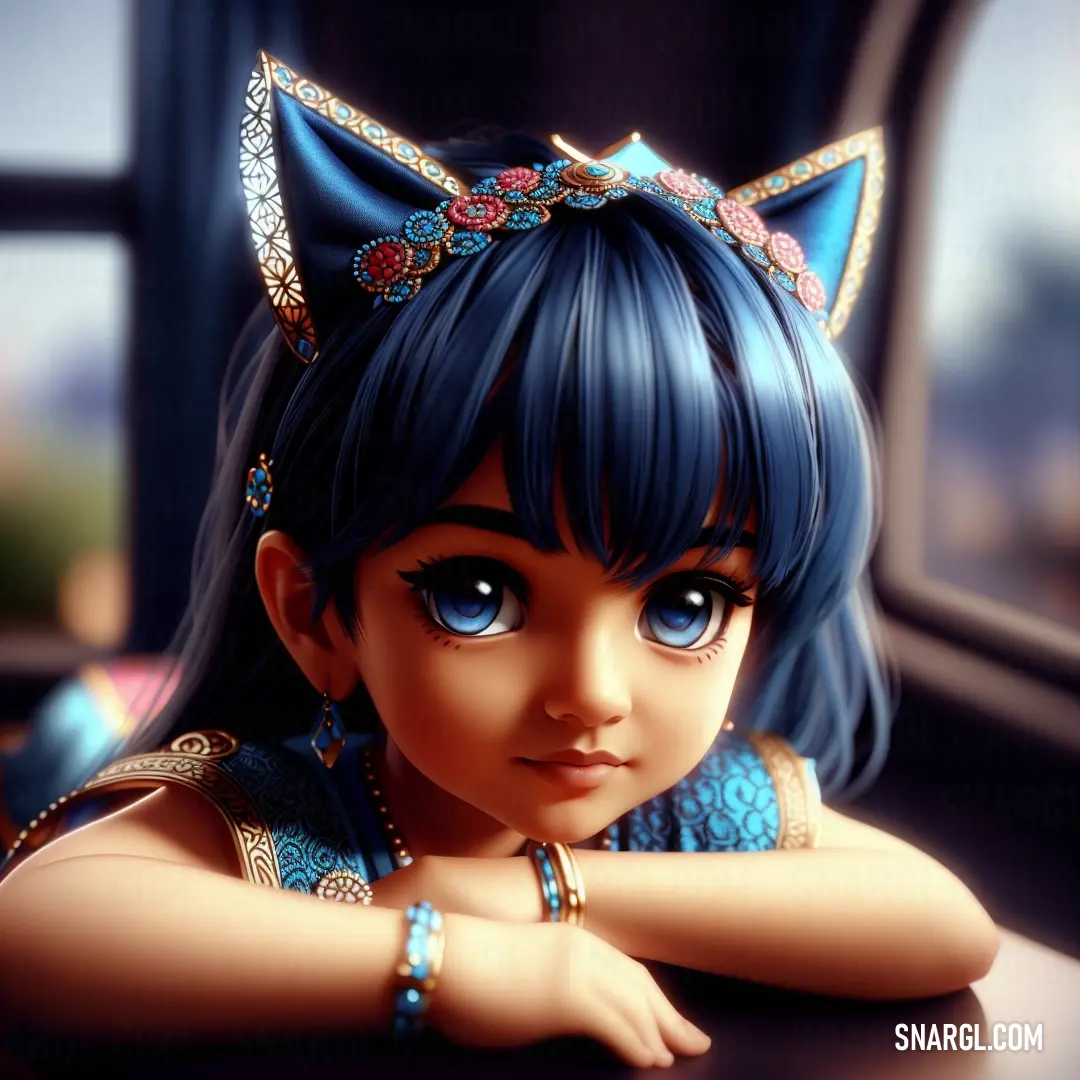 Persian blue color example: Cartoon girl with blue hair and a cat ears on her head at a table with a window