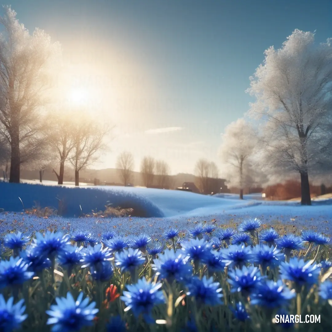 Field of blue flowers with trees in the background. Color RGB 28,57,187.
