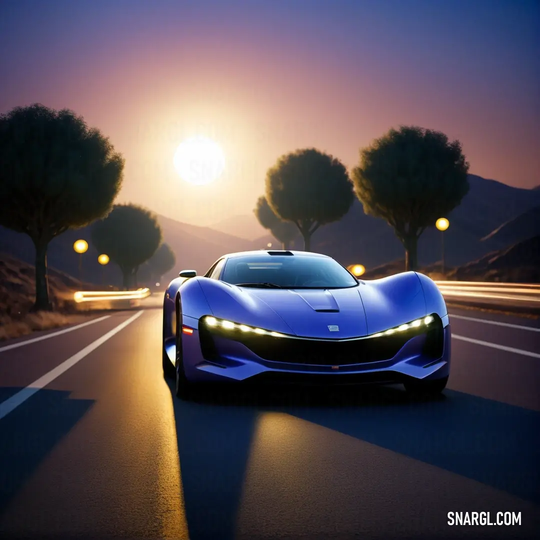 Persian blue color. Futuristic car driving down a road at night with the sun in the background