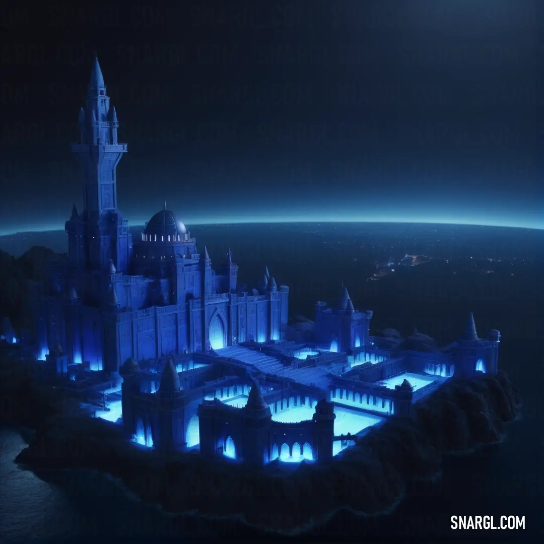 Futuristic castle lit up in blue light at night with a moon in the background and a distant planet in the foreground