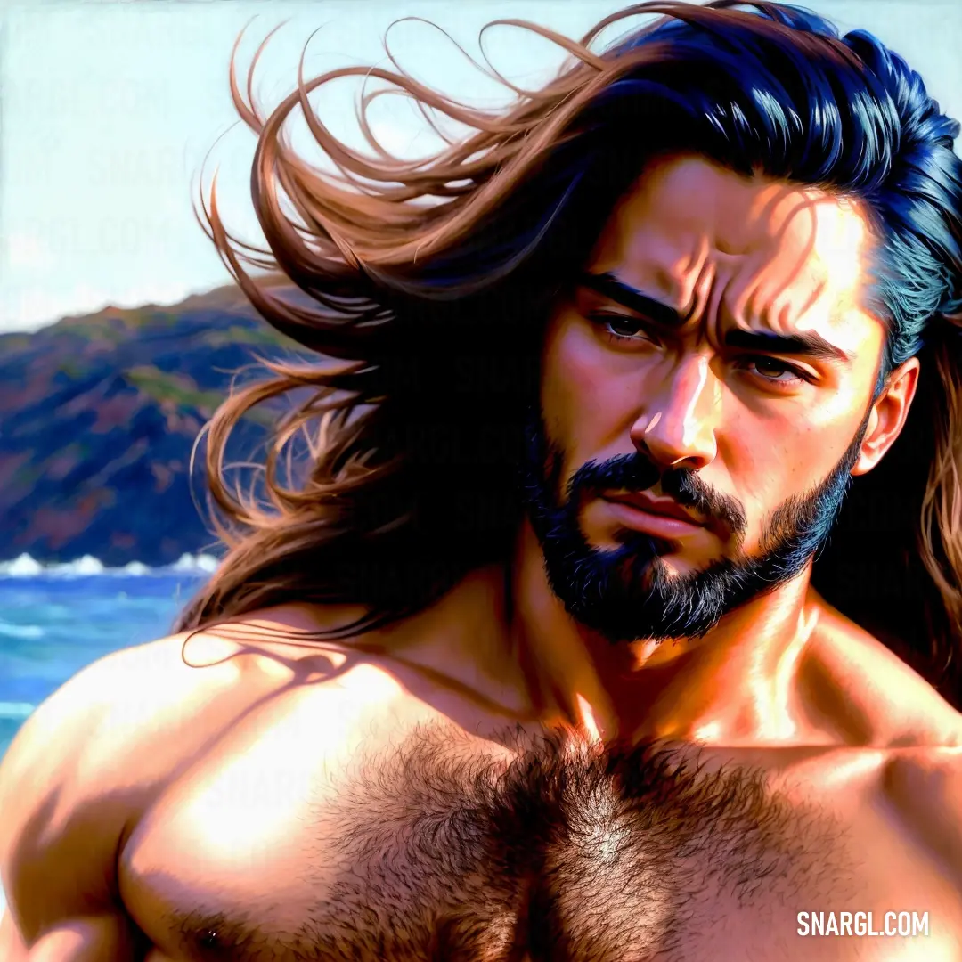 Man with long hair and a beard standing in front of the ocean with a mountain in the background