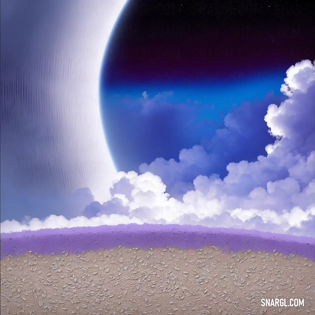 Painting of a moon and clouds in the sky above a hill side area with a purple