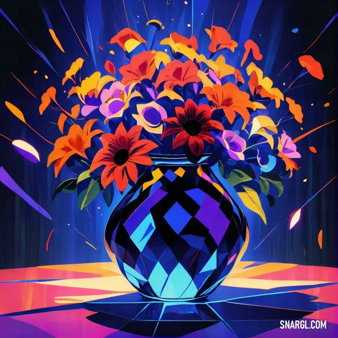 Painting of a vase with flowers in it on a table with a blue background. Color CMYK 85,70,0,27.