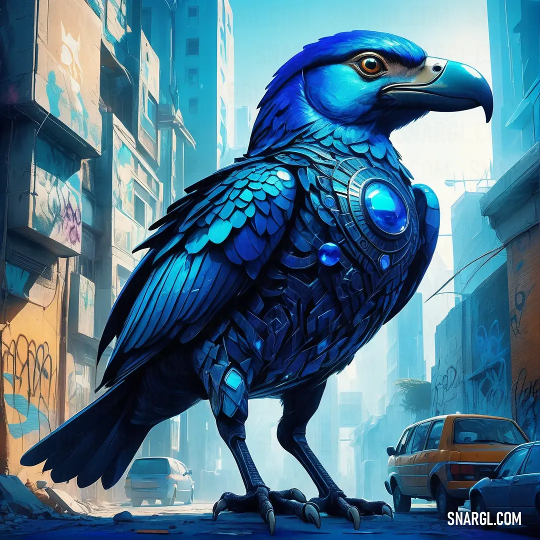 Blue bird standing on a city street next to a car and a building with graffiti on it's side. Color RGB 28,57,187.