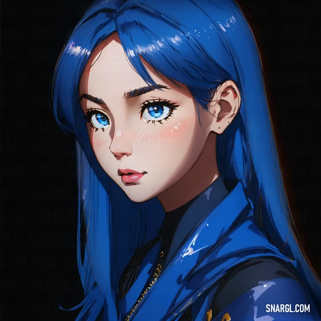 Blue haired anime girl with long hair and blue eyes looking at the camera with a serious look on her face. Color Persian blue.