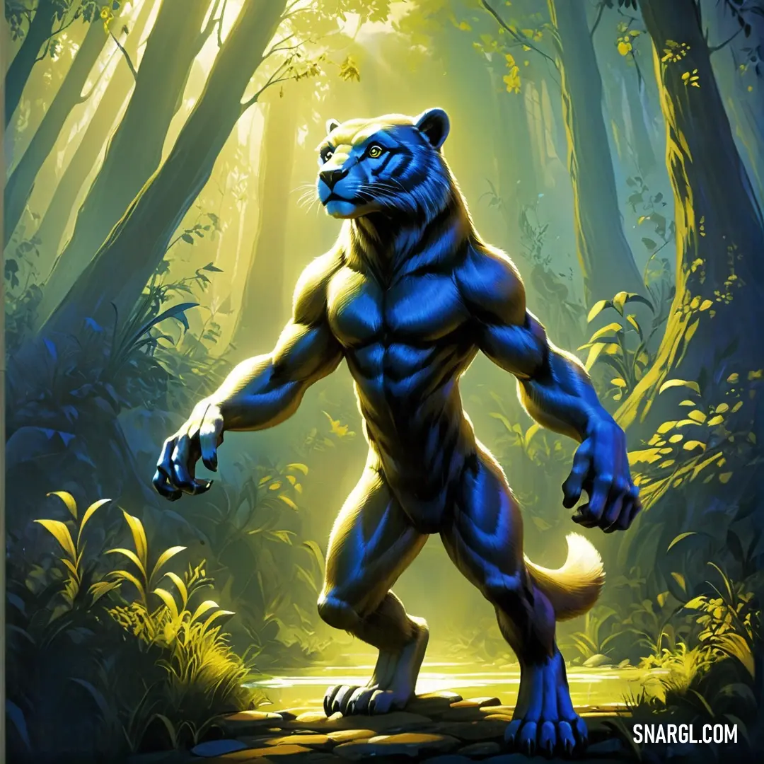 Persian blue color example: Blue tiger standing in a forest with its paws on his hips and a glowing light behind it