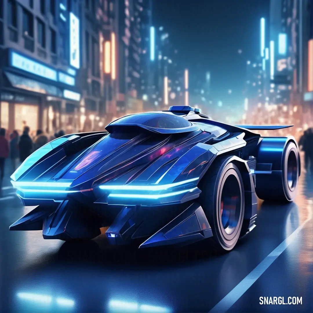 Futuristic car driving down a city street at night with people walking around it and a neon light on the side of the car