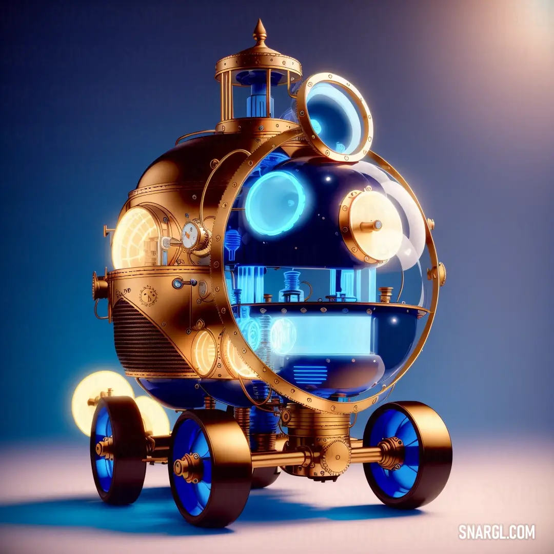 Futuristic steam engine with a blue background. Example of Persian blue color.