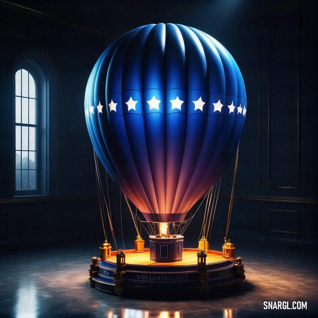 Large blue hot air balloon with stars on it's side in a dark room with a window. Color Persian blue.