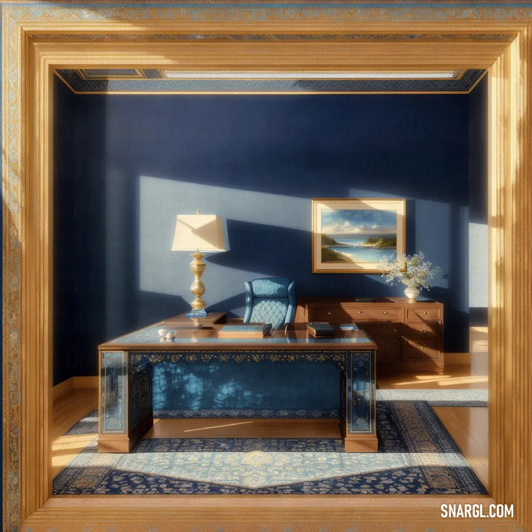 Room with a blue wall and a blue couch and a blue table with a lamp on it
