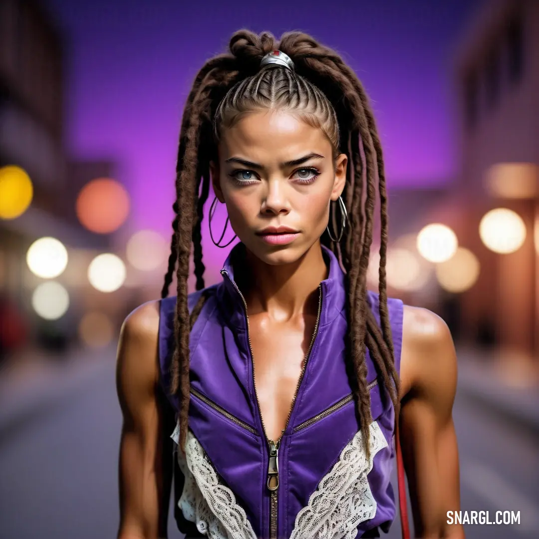 Persian indigo color. Woman with dreadlocks standing on a street at night with a purple background
