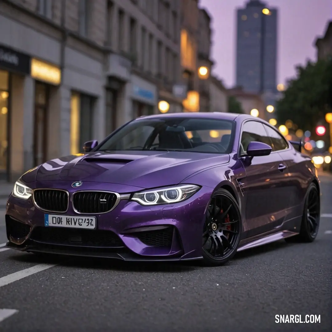 Purple bmw car parked on the side of the road in a city street at night time with buildings in the background. Example of Persian indigo color.