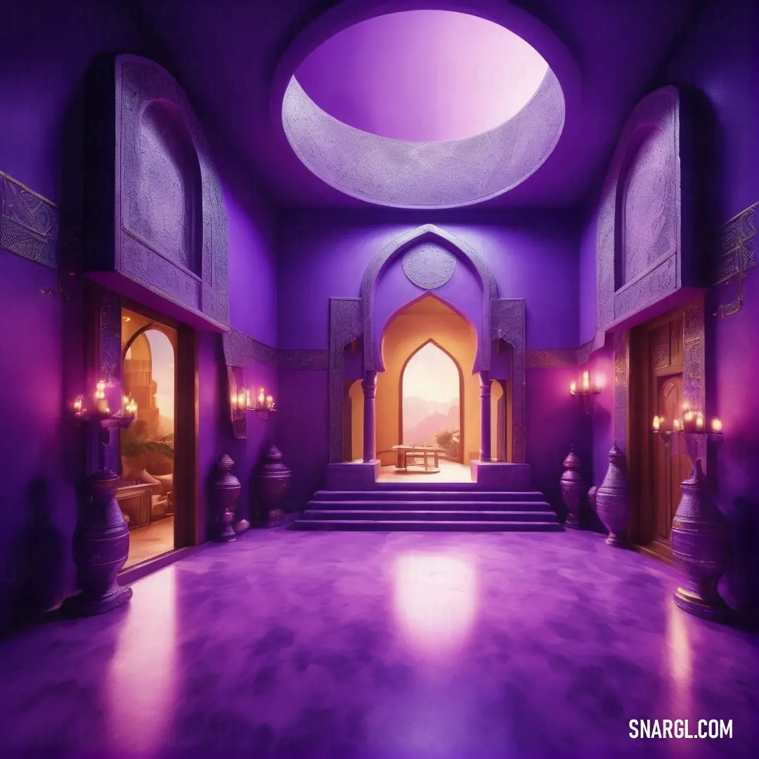 Purple room with a purple ceiling and a purple door way leading to a purple room with a purple ceiling. Example of #32127A color.