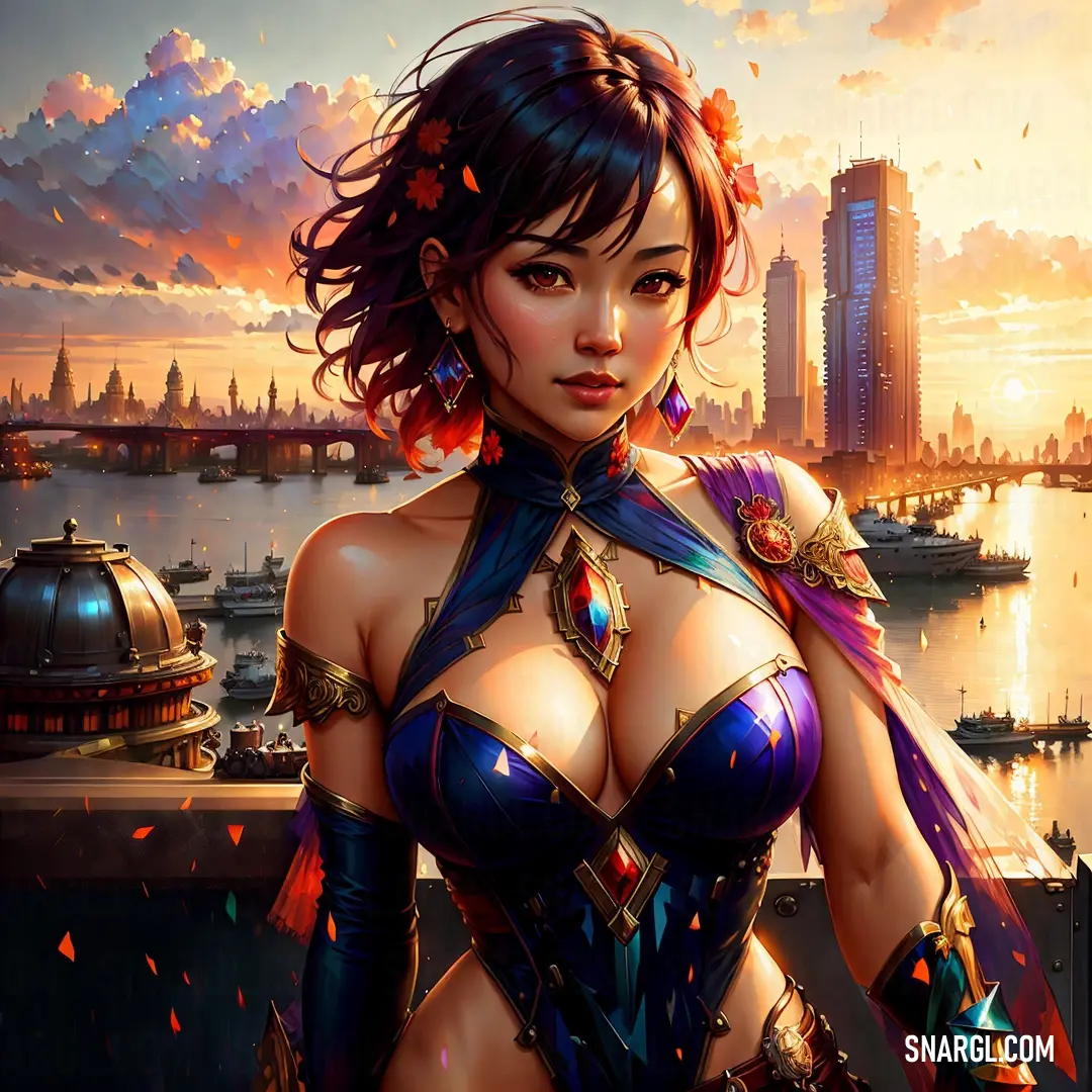 Persian indigo color. Woman in a cosplay outfit standing in front of a cityscape with a sunset in the background