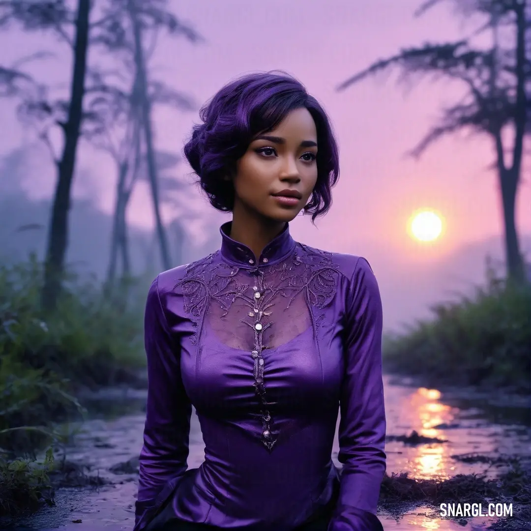 Woman in a purple dress standing in a forest at sunset. Example of CMYK 59,85,0,52 color.