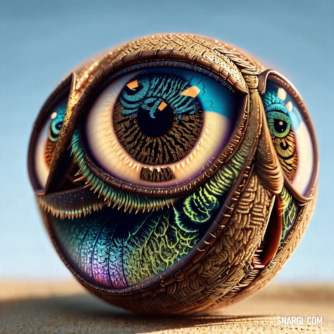 Close up of a ball with an eye on it's side and a blue sky in the background