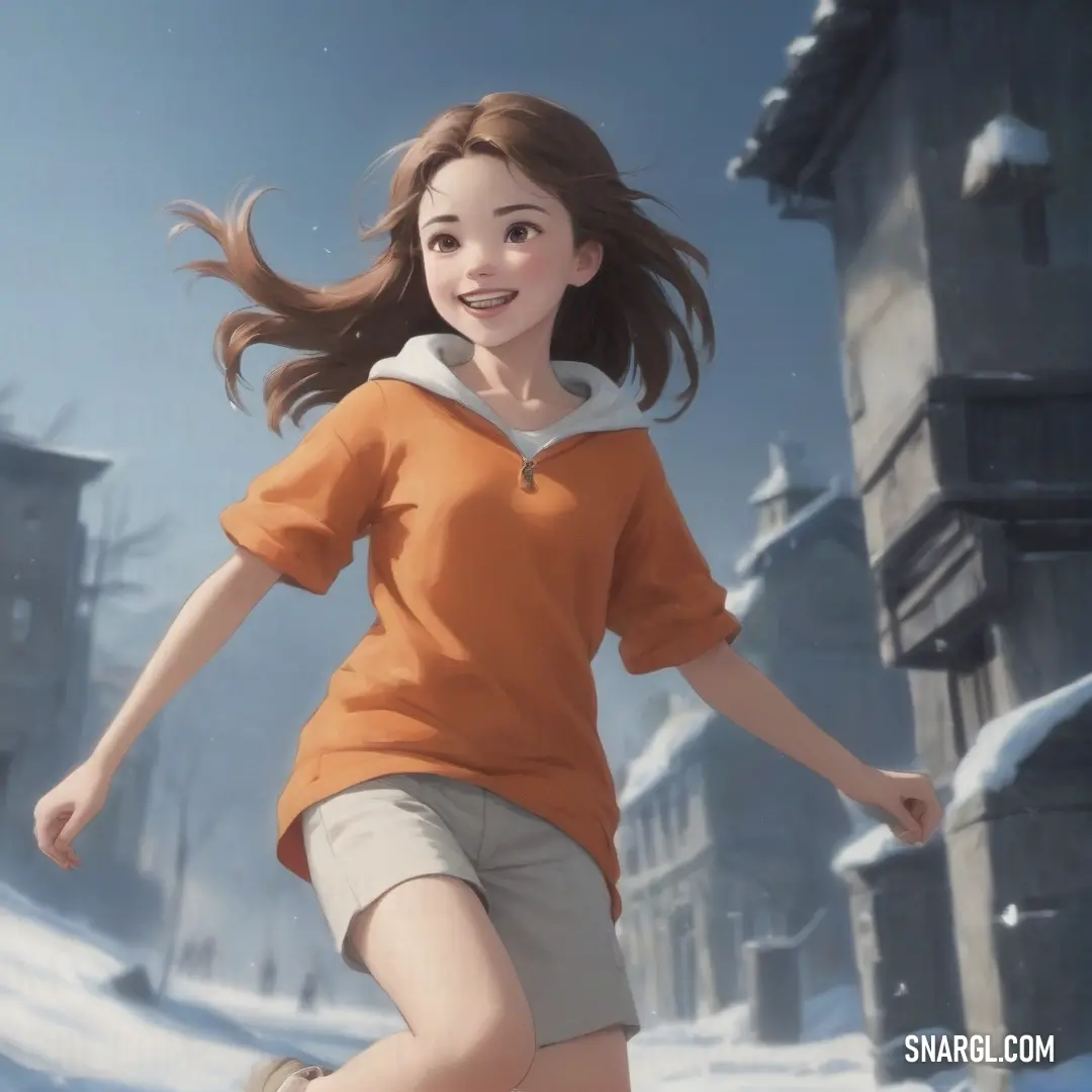 Girl running through the snow in a cartoon style picture of a girl running through the snow in a cartoon style