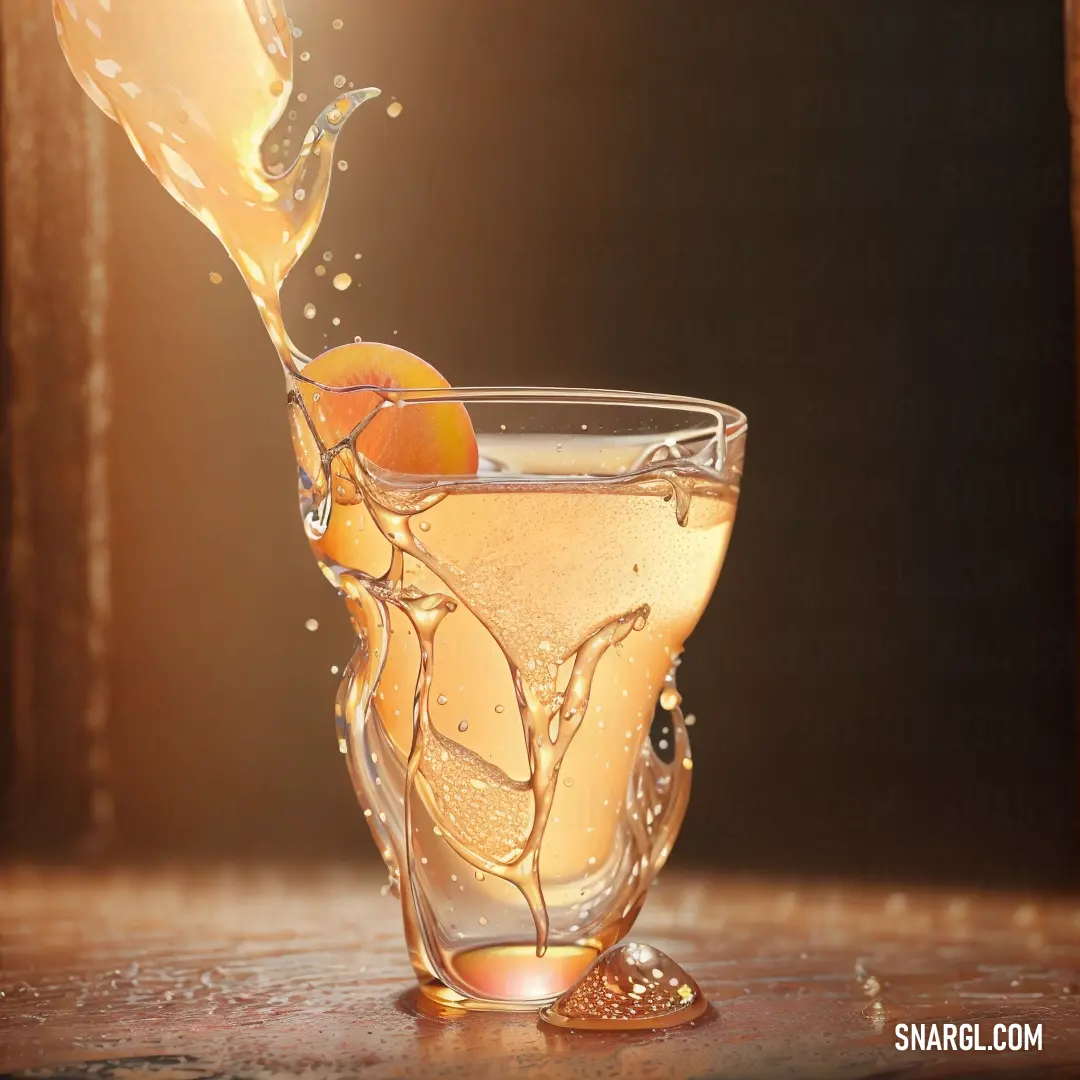 Glass of liquid with an orange slice in it and a light shining on the side of the glass