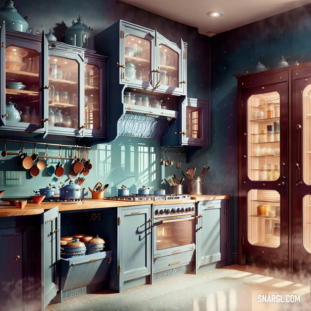 Kitchen with a lot of cupboards and a stove top oven in it's center island and a glass door. Color CMYK 0,34,59,15.