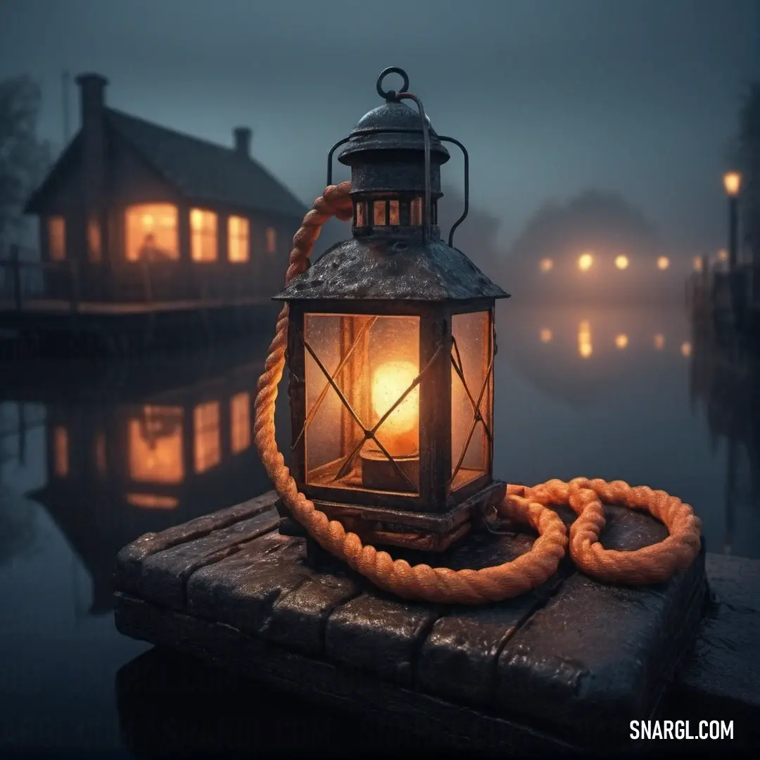 Lantern is on a dock with a rope around it and a house in the background. Example of CMYK 0,34,59,15 color.