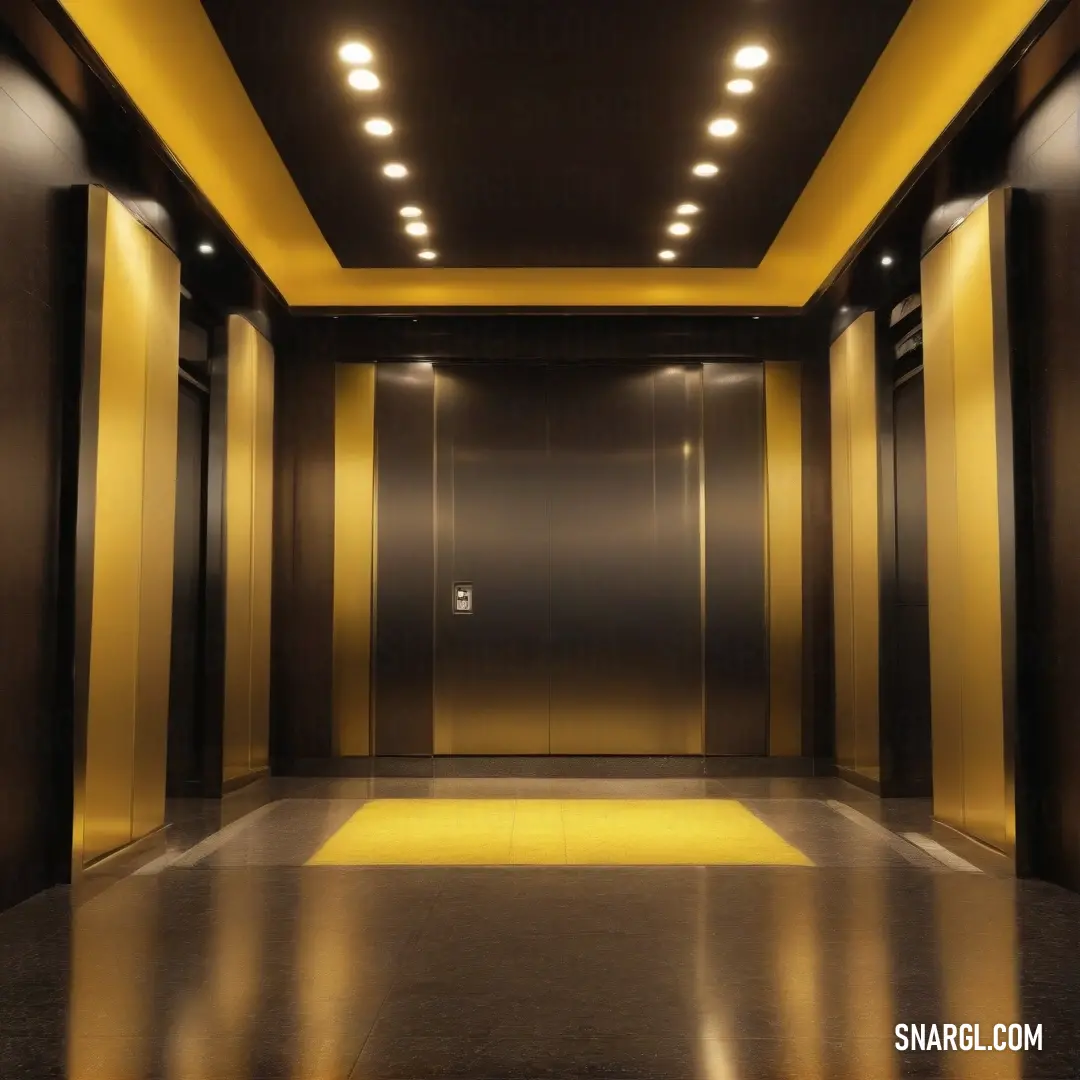 A long, illuminated hallway featuring a vibrant yellow floor that reflects overhead lights, flanked by smooth, dark black walls, and a doorway standing prominently in the center, inviting further exploration into the mysterious space beyond.