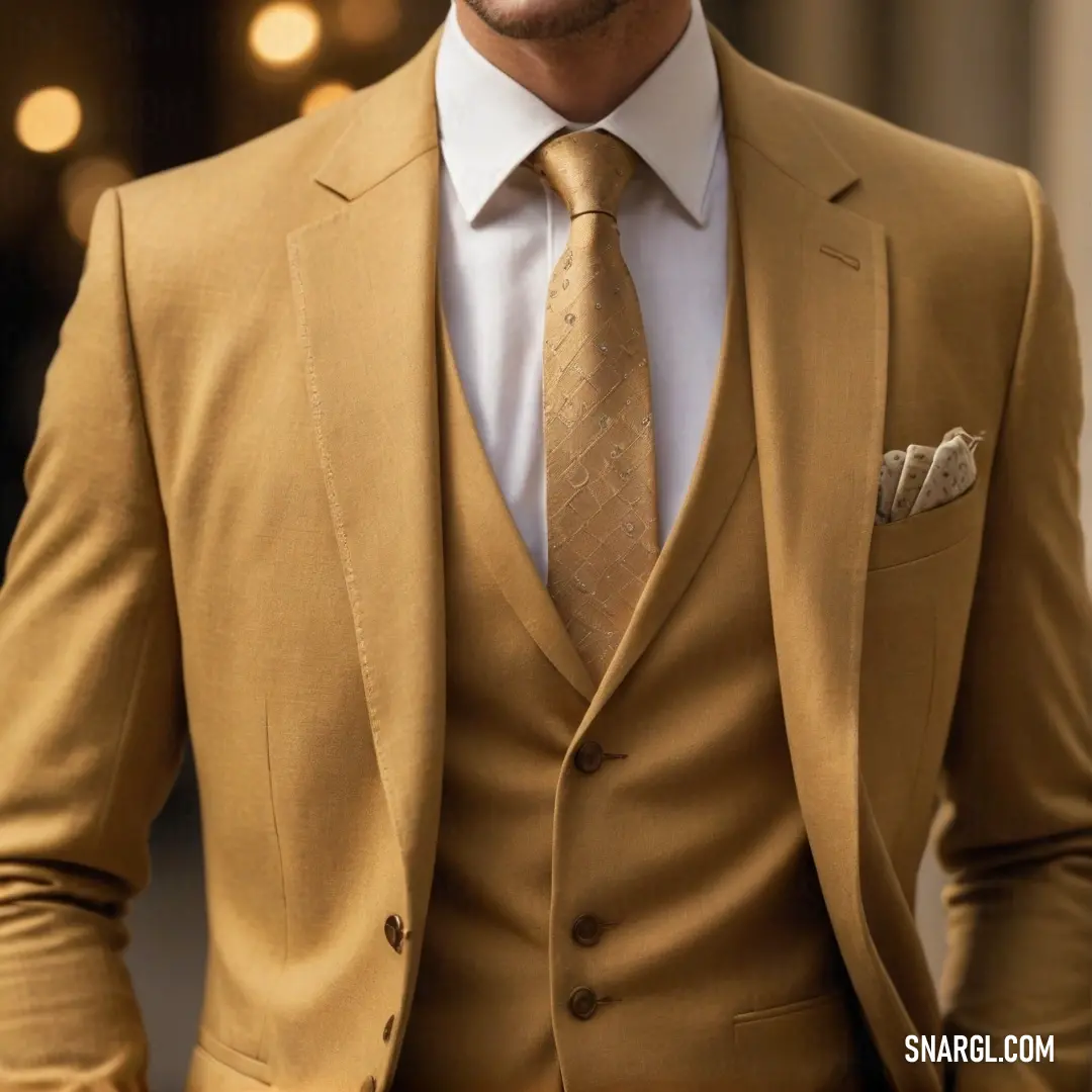 A well-dressed man in a polished suit and tie stands casually outside a refined building, hands in pockets, showcasing a relaxed yet sophisticated demeanor that perfectly complements his vibrant Persian orange attire.