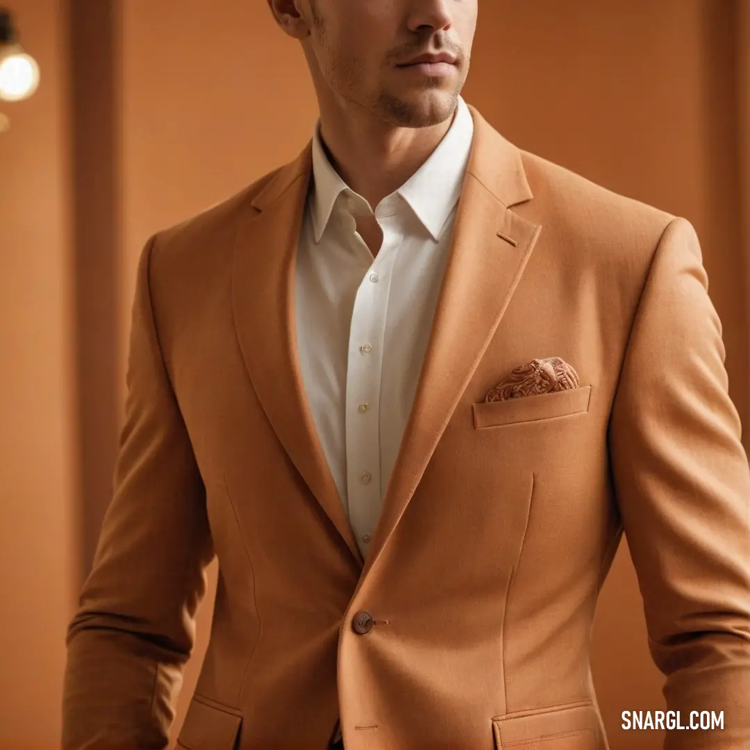 Inside a cozy room featuring light brown walls, a fashionable man dressed sharply in a suit stands thoughtfully, his hands resting in pockets as he enjoys the serene environment, radiating charm and confidence.