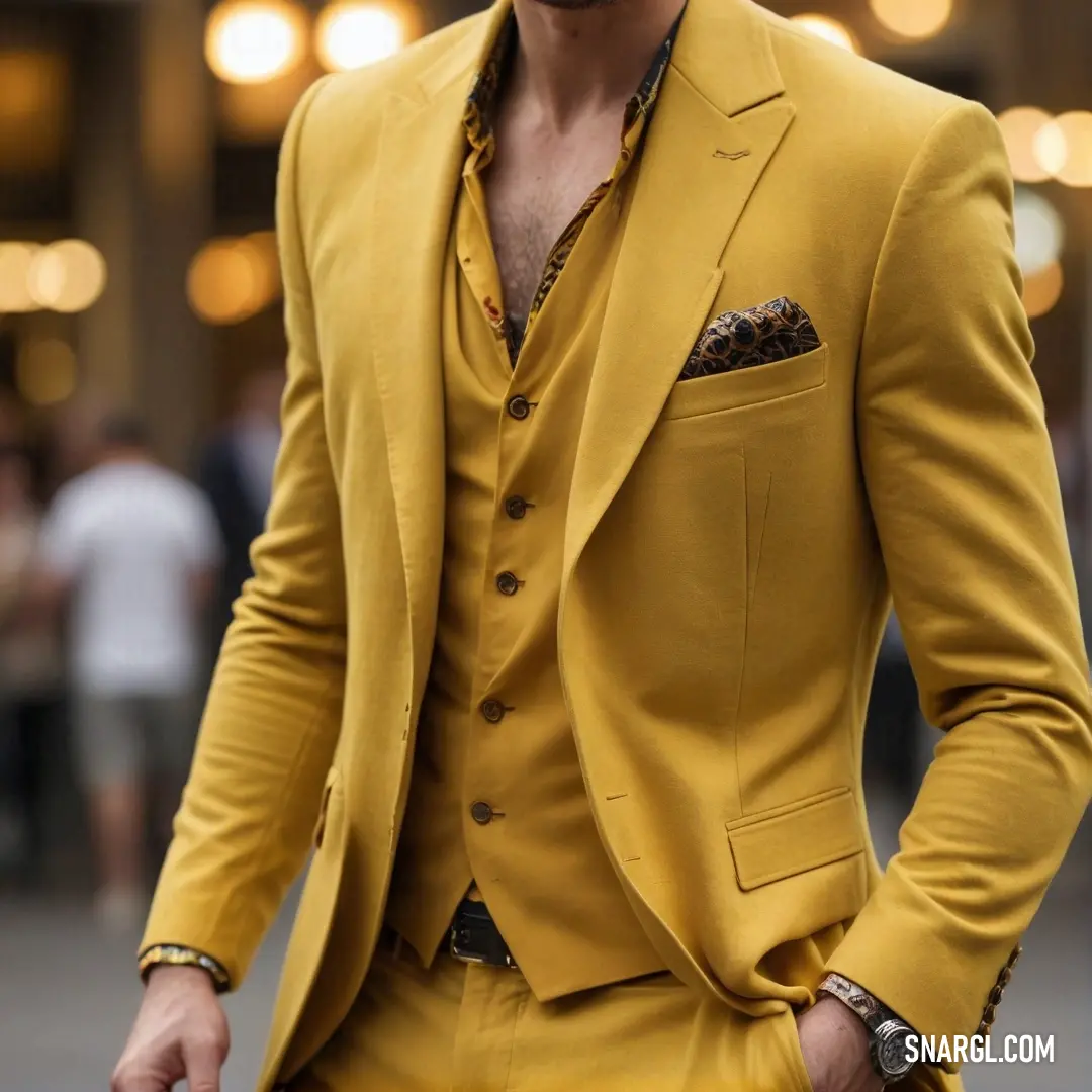 A confident man dressed in a vibrant yellow suit and stylish sunglasses stands poised outside a modern building, exuding an air of sophistication and coolness, with his hands casually tucked into his pockets.