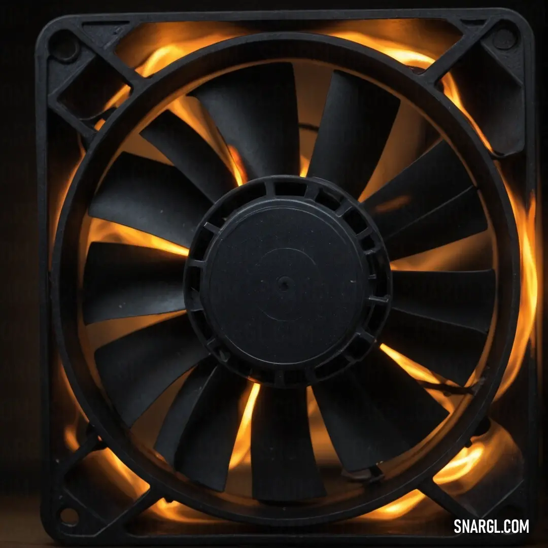 An eye-catching computer fan adorned with vibrant yellow lights spins gracefully against a sleek black background, showcasing its technological beauty and elegance in a refined space.