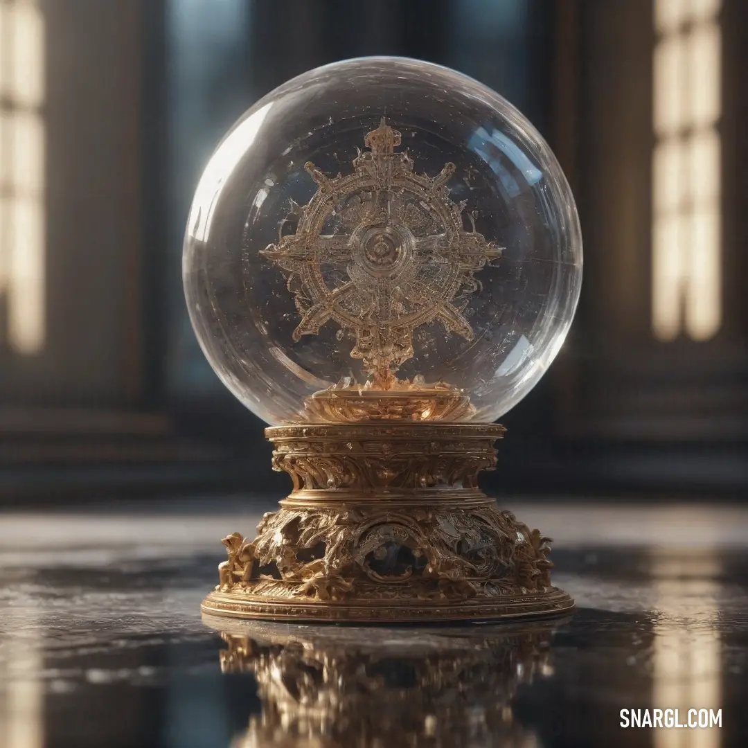 A delicate crystal ball rests on a table, its surface adorned with a golden design. The warm light from the surrounding room reflects off the ball, creating an inviting and mystical atmosphere.