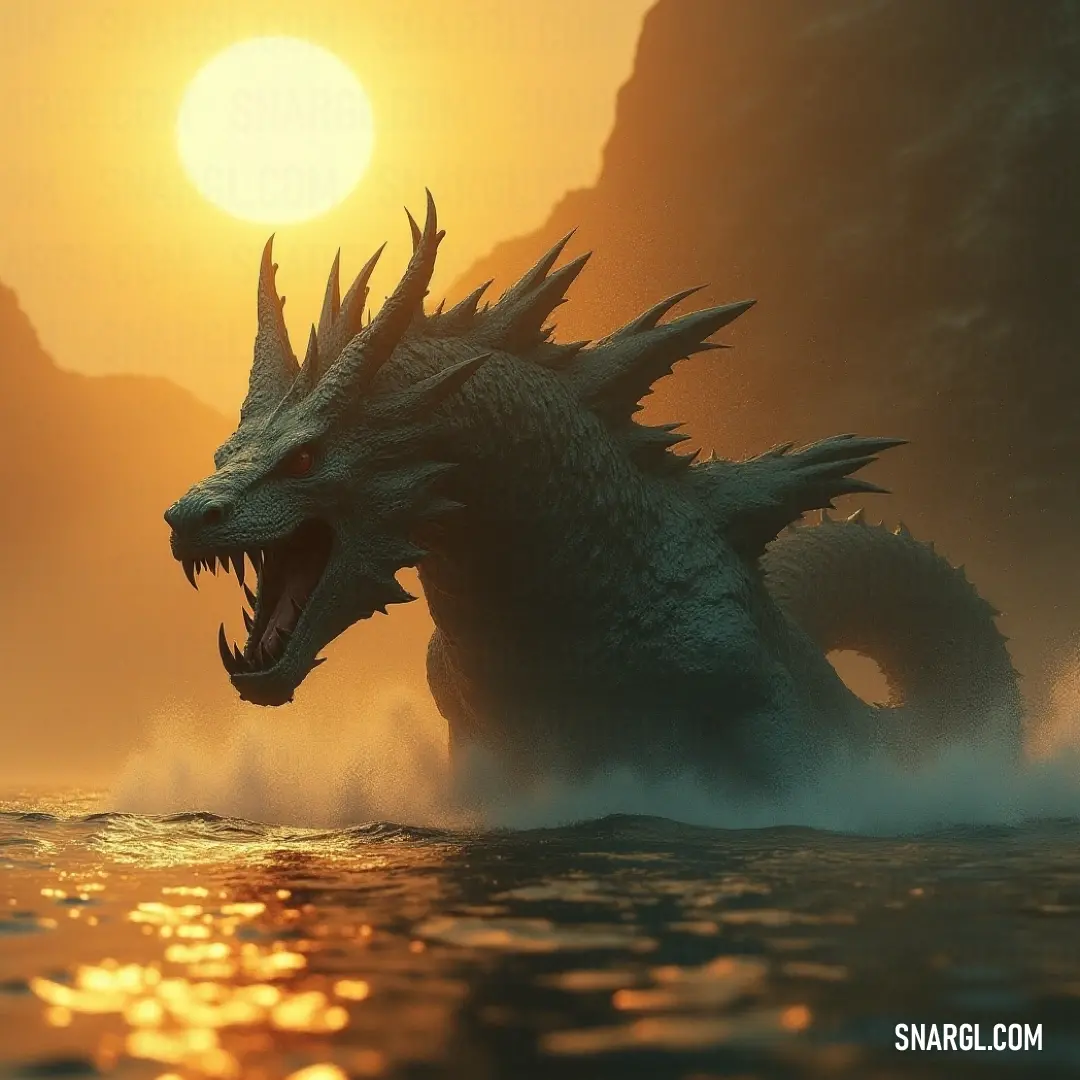 A magnificent dragon partially submerged in water, with its mouth agape and head tilted slightly up, showcasing the intricate details of its scales, in a warm hue of RGB 217,144,88 that adds a unique character.