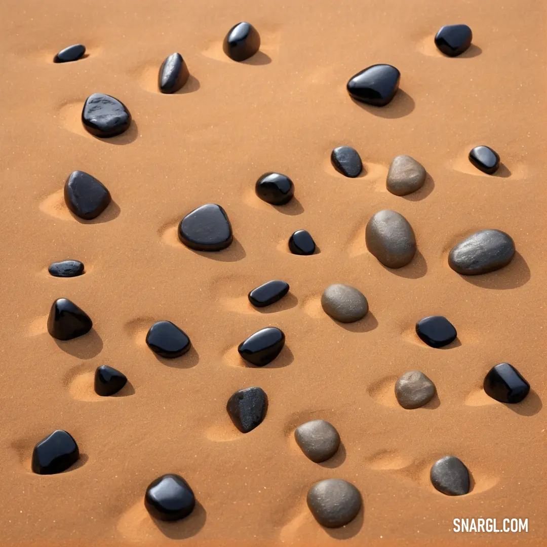 Group of rocks on top of a sandy beach next to a sandy ocean shore with footprints in the sand. Example of RGB 217,144,88 color.