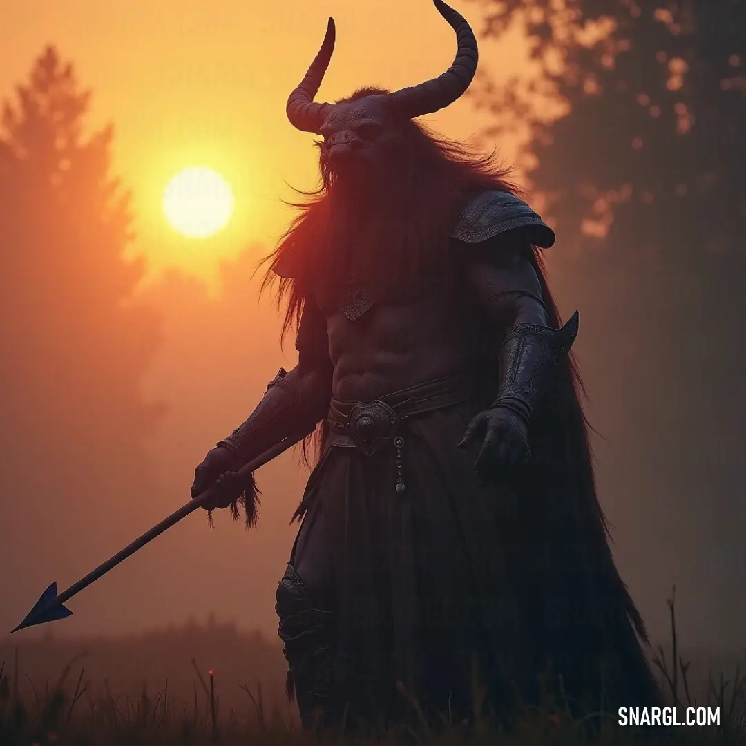 A figure clad in a majestic horned costume stands against a breathtaking sunset, spear in hand, surrounded by silhouettes of trees. The warm hues of Persian orange envelop the scene, setting a dramatic and mythical tone.