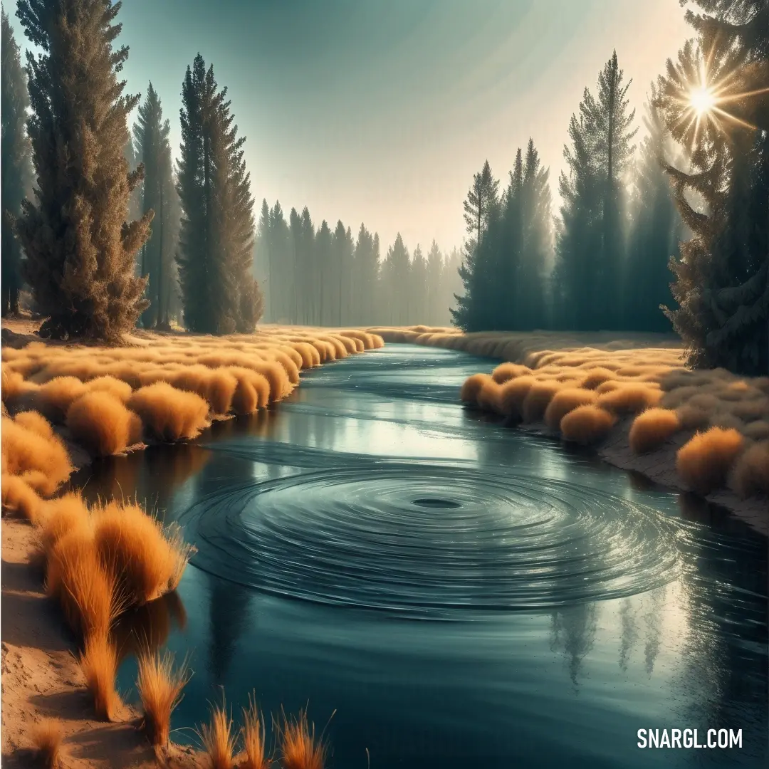 Painting of a river surrounded by trees and grass with a sun shining on the water. Example of #D99058 color.