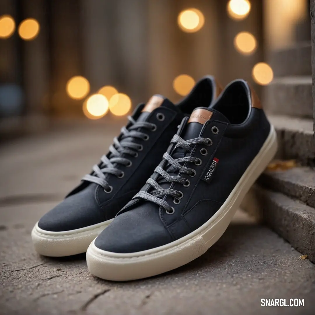 A stylish pair of black sneakers rests atop a step with ambient lights twinkling in the background, creating an urban vibe. The sleek design symbolizes modern fashion and readiness for adventure in a city brimming with possibilities.