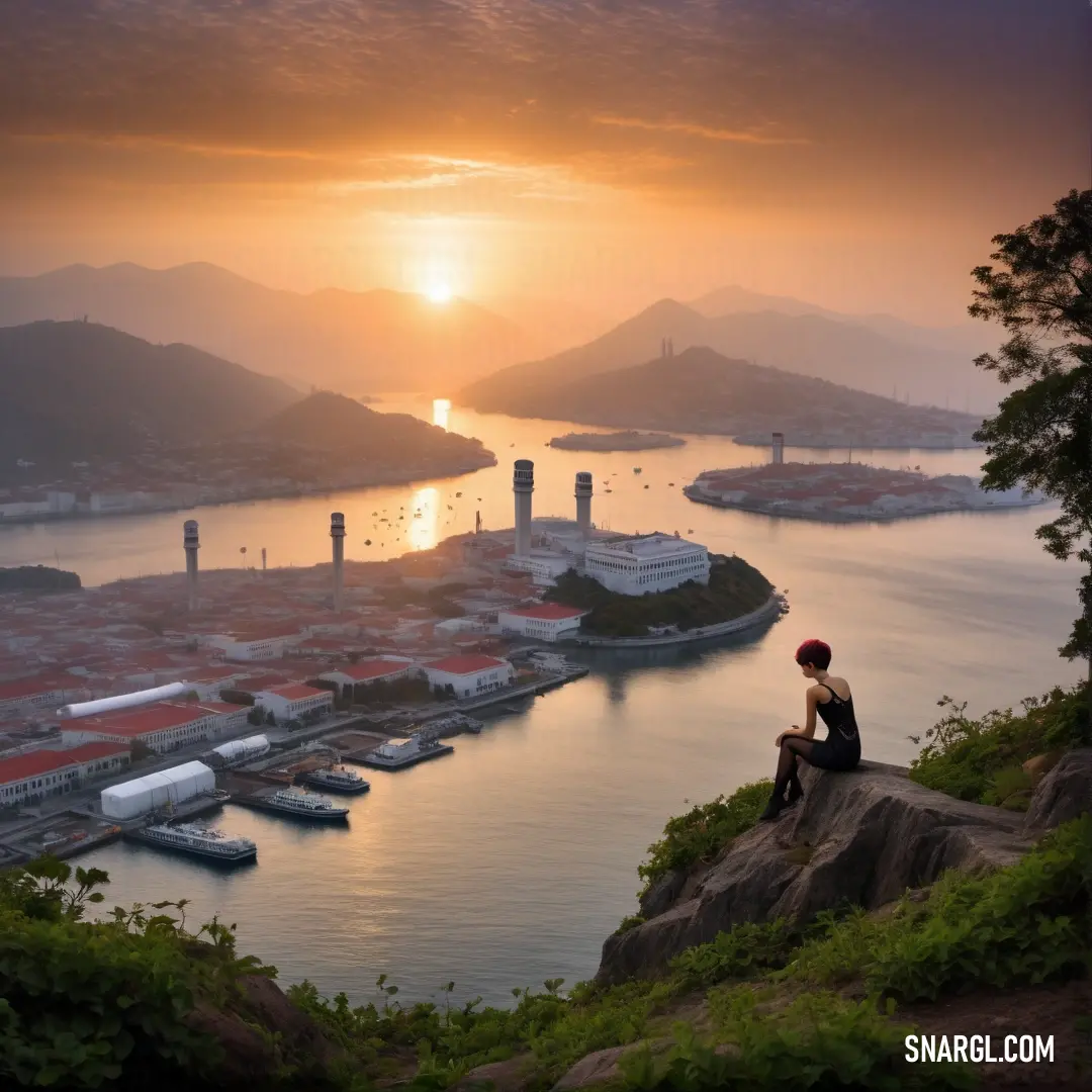 A person stands on a rocky outcrop, gazing out over a city and river at sunset. The sky is painted with hues of Persian orange, reflecting the beauty of the scene and enhancing the sense of awe and adventure.