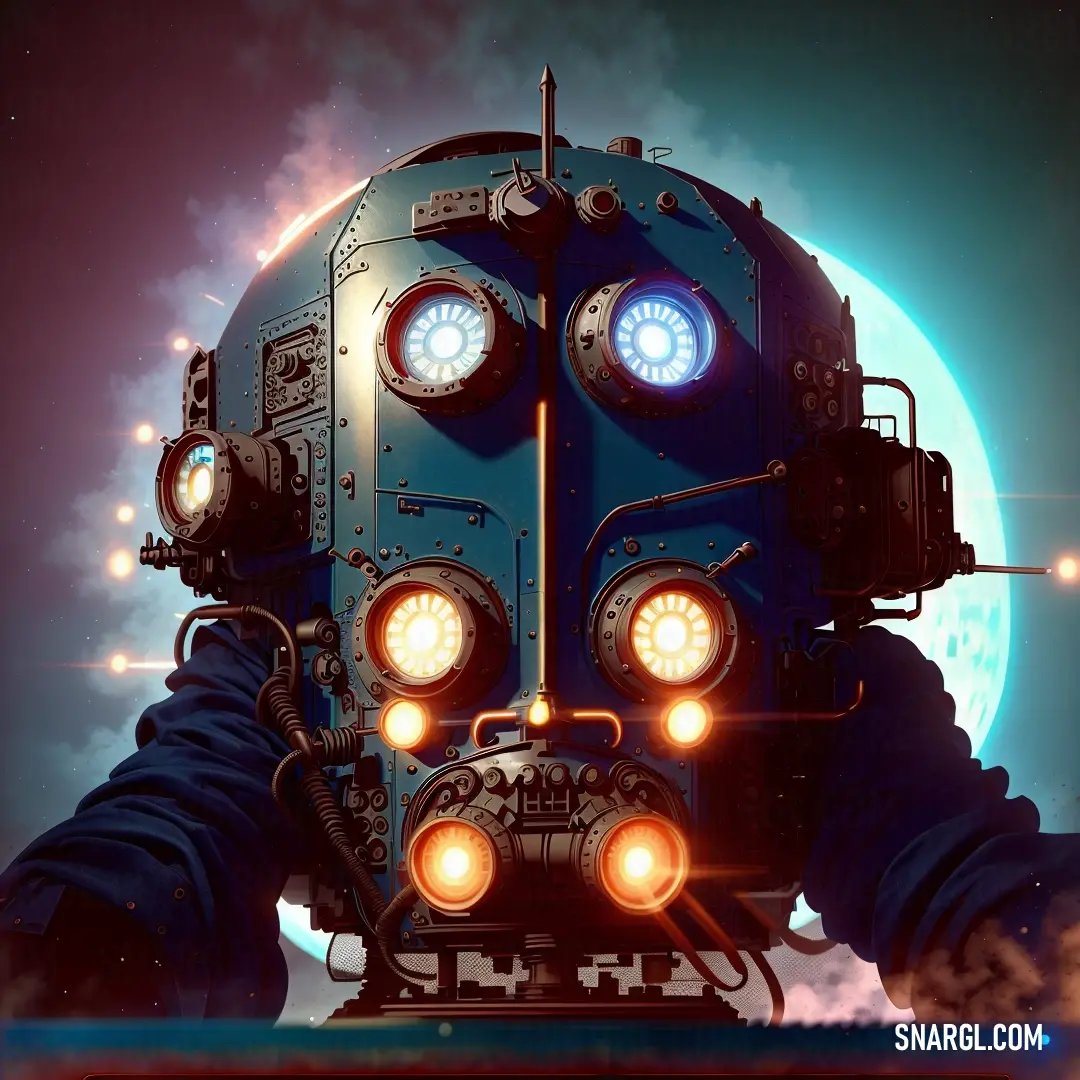 A futuristic robot with glowing lights on its head stands against a glowing moon in the night sky, creating a surreal and otherworldly atmosphere. The soft golden hues of the robot contrast beautifully with the deep blues and purples of the background.