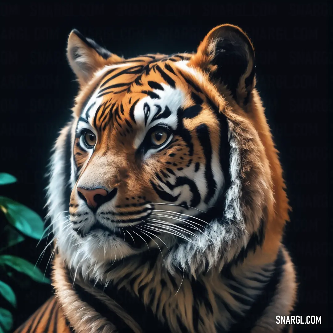 Tiger is in front of a plant and looking at the camera with a serious look on his face. Color Persian orange.