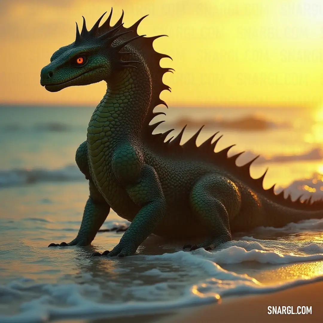 A whimsical scene of a toy Godzilla basking on a beach at sunset, silhouetted against a vivid sunset sky that beautifully transitions from fiery oranges to soothing purples, capturing a moment of playful nostalgia.