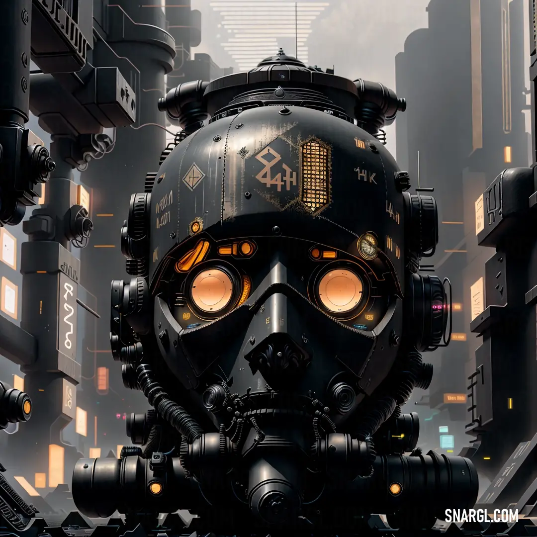 A robot with glowing eyes and a gas mask stands in a futuristic cityscape, surrounded by towering buildings. The vivid color contrast between the robot and the urban backdrop creates a striking image of technology and mystery.