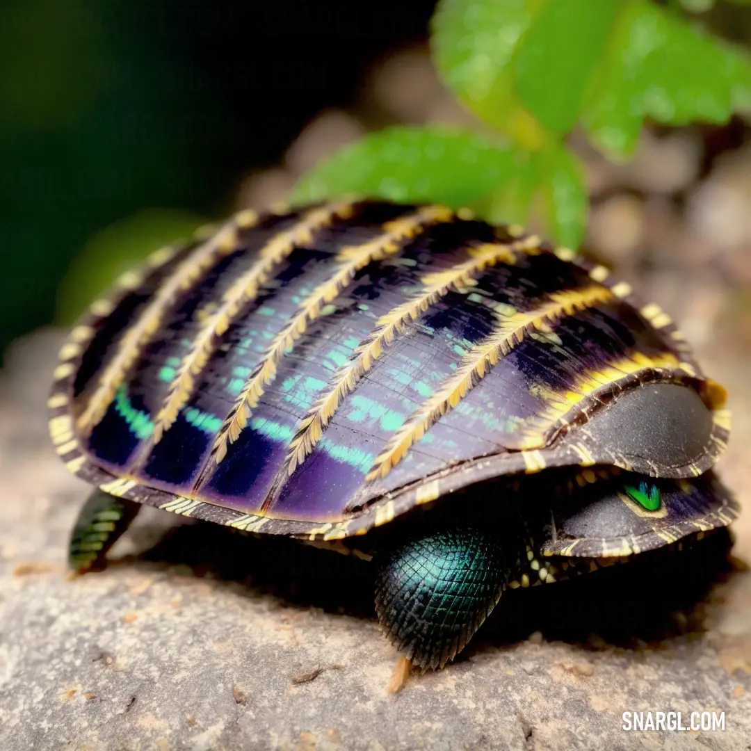 A small turtle rests on a rock, surrounded by vibrant green leaves that decorate its back. Its serene surroundings, with a soft plant next to it, highlight the peaceful and natural beauty of this little creature in its environment.