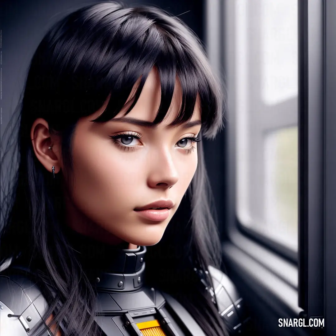 A woman in a sleek, futuristic suit gazes thoughtfully out of a high-rise window, her expression serious as she watches the cityscape unfold below. The warm color adds depth to the scene, evoking a sense of contemplation.